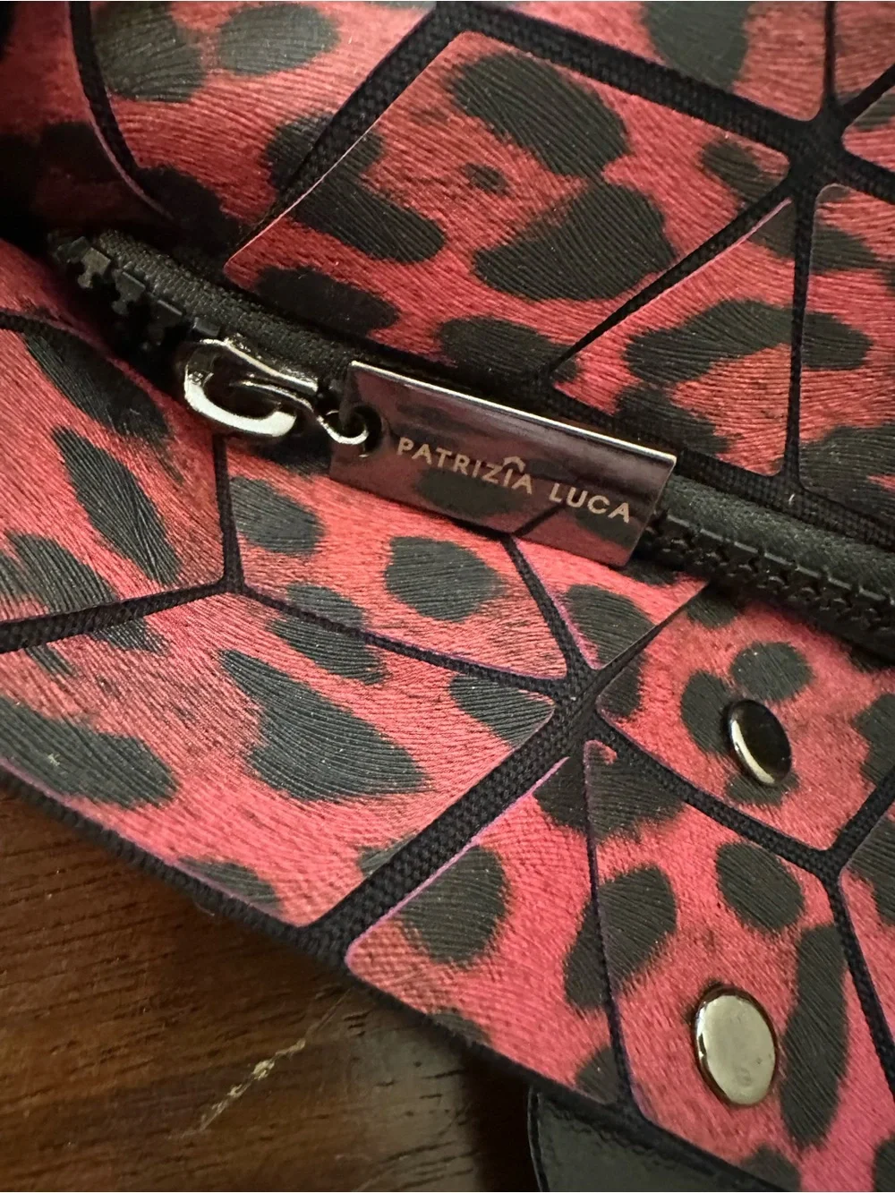 NWOT Patrizia Luca Red Leopard Print Tote with Black Geometric Base